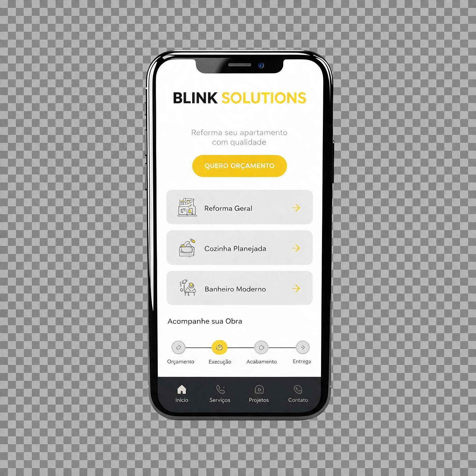 Tela do App Blink com serviços e acompanhamento de obra